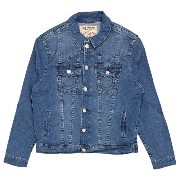 True Religion Men's Jimmy Red Stitch Trucker Denim Jacket - Picture 1 of 6